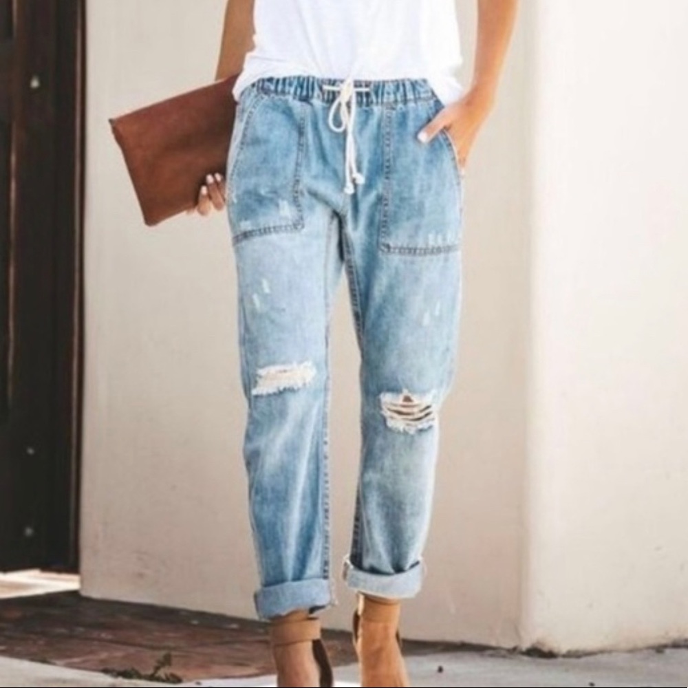 Vici boutique drawstring distressed comfy jeans.
